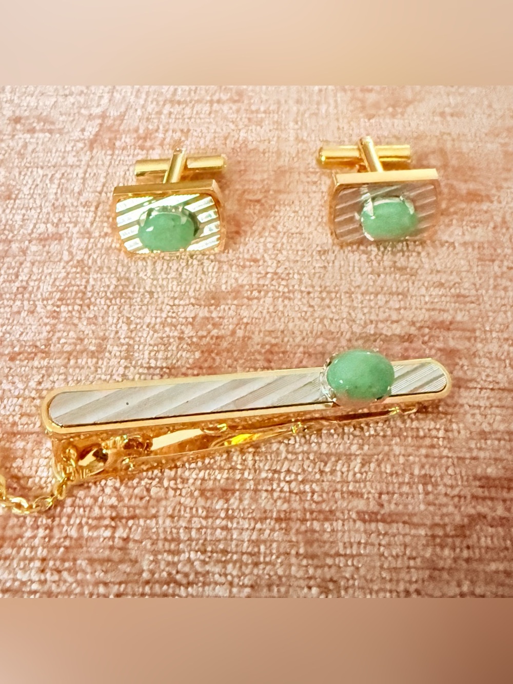 Genuine Jade Gold tone and silver tone Tie Clip and Cufflink Set/ natural Jade
